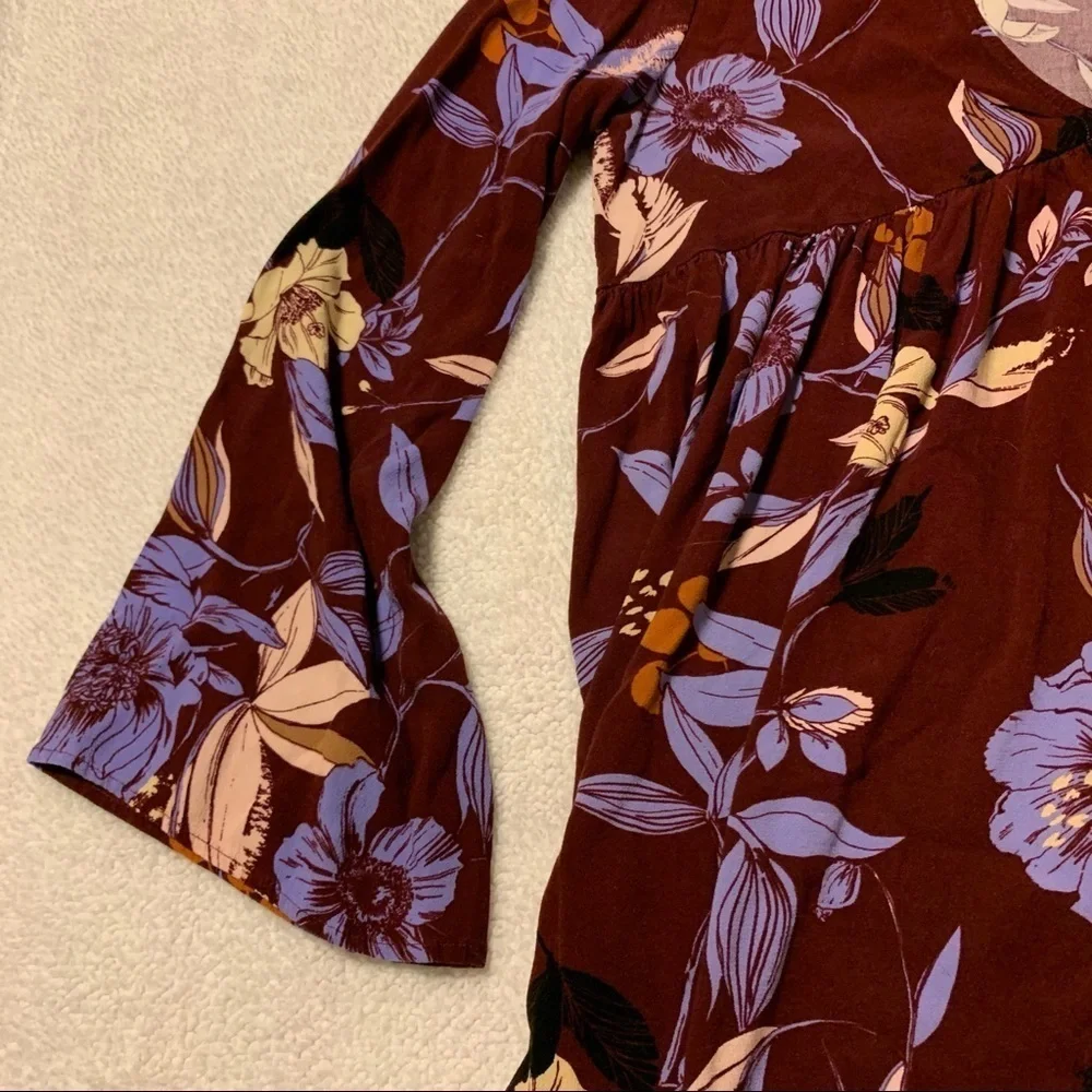 Free People Bella Floral-Print Tunic Mini Dress Purple Bell Sleeve V Neck
